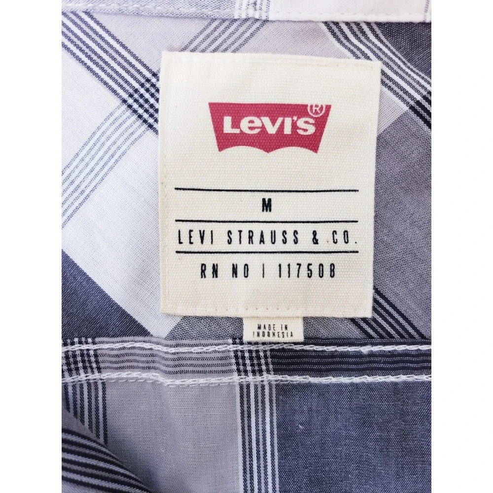Levi Strauss Men's Medium Plaid Button Down Short Sleeve Shirt Black Gray White‎